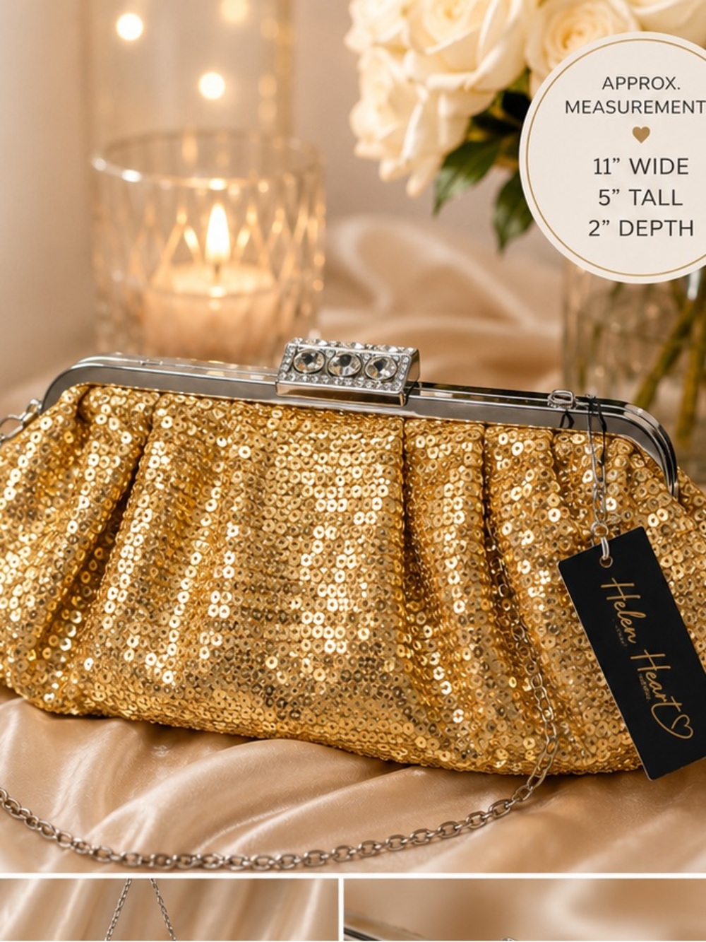 Helen Heart Gold Sequin Evening Clutch Bag NWT Glam Rhinestone Clasp - Picture 2 of 9